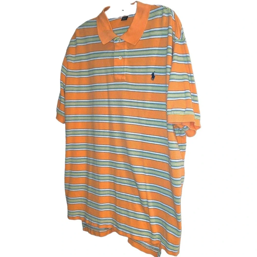 Polo Ralph Lauren Men's Orange and White Striped Short Sleeve Polo Shirt XXL